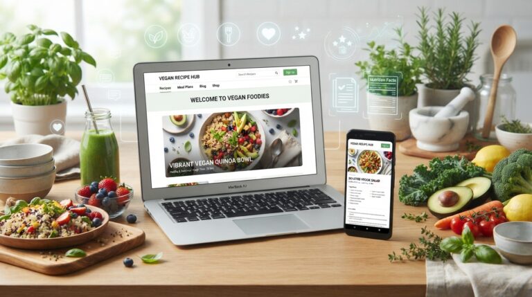 Create a modern, professional blog featured image for the keyword "Veganovies Com." Show a clean laptop and smartphone displaying a vegan recipe website interface (without using any real logo or copyrighted website design), surrounded by fresh vegetables, fruits, leafy greens, plant-based meals, smoothies, herbs, and eco-friendly kitchen elements. Include a modern green and white color palette that represents healthy vegan living. Add subtle digital browsing icons, recipe cards, and nutrition symbols in the background. The style should be realistic, clean, premium, and SEO blog-friendly with ample space for the title "Veganovies Com". High resolution, 16:9 aspect ratio, vibrant lighting, minimalistic composition, no watermark, no copyrighted logos, no text except the title placeholder.